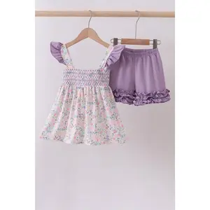 Purple floral smocked ruffle shorts set