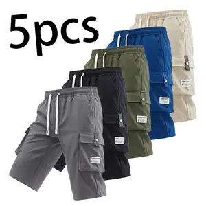 5-Pack Men's Cargo Shorts, 7/8 Length, Summer Drawstring Waist, Large Pockets, Letter Patch Details, Stylish Casual Athletic Shorts