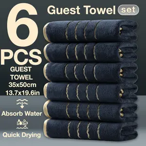 6-Piece Gold Line Accents Decorative Winter Thick Guest Towels, absorbent thickened towels, Modern Simple Bathroom Set, Strong Highly Absorbent Quick Dry Microfiber, Home Camping Hotel School Factory Use