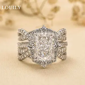 Louily Jewelry Luxurious 3.0ct Vintage Halo Radiant Cut Insert Wedding Ring Set for Women, 925 Sterling Silver Elegant Promise Ring