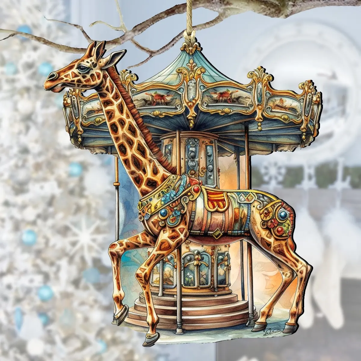 Artistic Carousel Giraffe Wooden Christmas Decor Ornaments, 5x5.5x0.25 in, Festive Home Decoration, Ideal Holiday Gift
