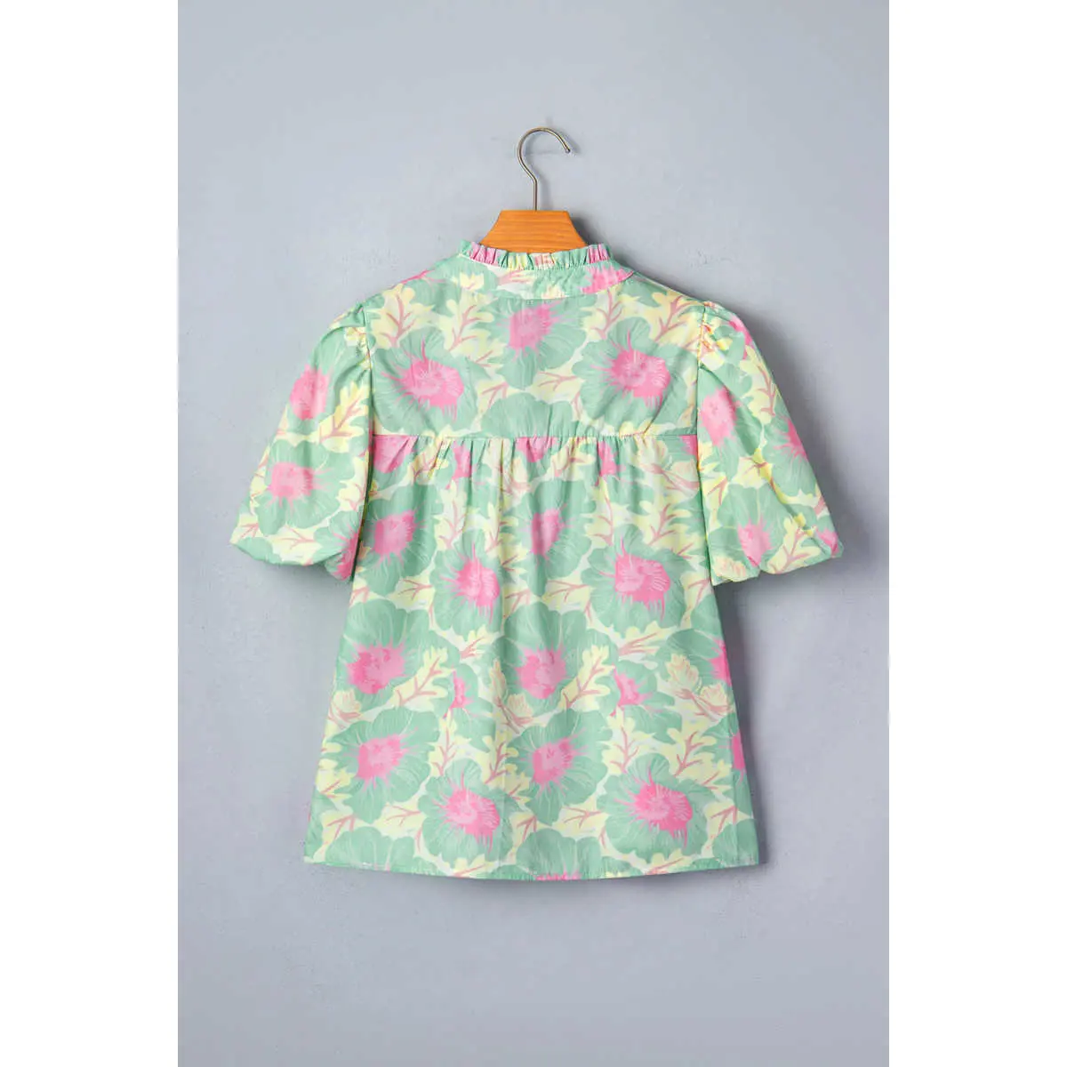 Women's Green Bubble Blouse - Short-Sleeve, Lightweight Jacquard Fabric, Summer Floral Design, Women's Bubble Blouses & Shirts
