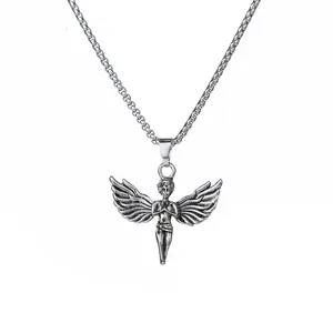 Korea Ins Harajuku Hip-hop Retro Little Angel Necklace Stainless Steel Prayer Angel Wing Pendant for Men and Women