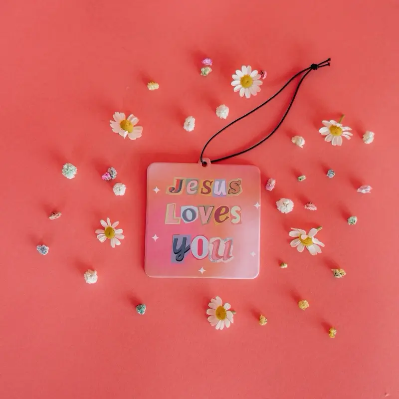 Jesus Loves You Car Air Freshener - Pink Gradient Design with String Hanger Aromatic Citrusy Scent scented Car Aromatherapy Hanging Car Diffuser Car Fragrance Spray Car Fragrance Set Car Fragrance System Car Aromatherapy Refill Car Interior Fruit Smell
