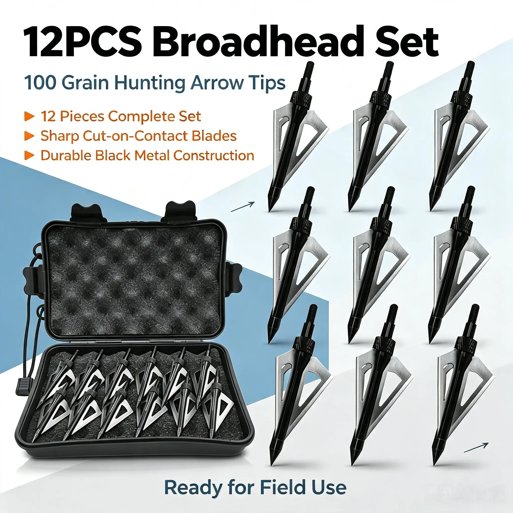 100 Grain Screw-in 3 Blades Archery Hunting Broadheads, 12 Pack Arrow Tips with Storage Case Fit for Compound Bow & Traditional Bow