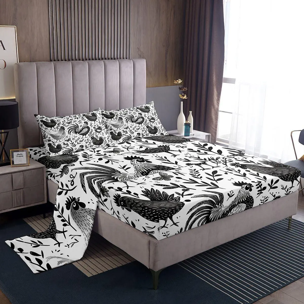 Cute Chickens Bed Sheets Set Farm Animal Deep Pocket Fitted Sheet Floral Flower Bedding Sets Soft Bed Set