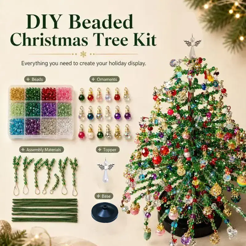 DIY Beaded Christmas Tree Kit, Hand‑Made Mini Crystal Bead Xmas Tree Craft Set, Complete Christmas Decoration Making Supplies with Beads, Angel Tree Topper, Base & Accessories, Tabletop Holiday Ornament, Fun DIY Project, Ideal Christmas Gift for Kids & F