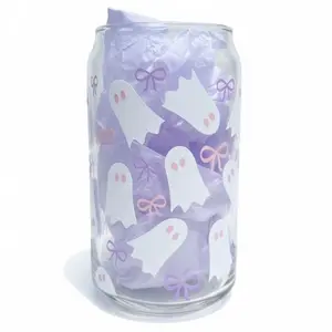 Pink Girlie Ghost Halloween Glass Cup with Lid and Straw 16 oz Mug Drinkware High Quality Permanent Vinyl Tumblers Handmade