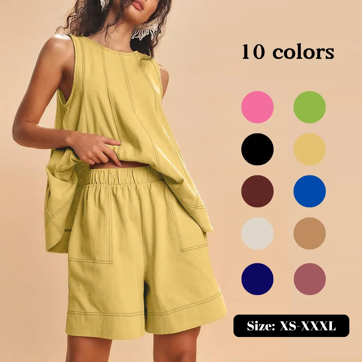 SCUSTY Women's Two Piece Outfit Cotton Matching Set A-Line Sleeveless Tank Tops and High-Waist Shorts with Pockets SCUSTY Women's Two Piece Outfit Cotton Matching Set A-Line Sleeveless Tank Tops and High-Waist Shorts with Pockets