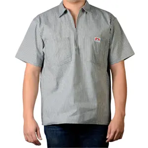 Ben Davis Menswear Cotton Fabric Half-Zip Short-Sleeve Striped Fitted Casual Minimalist Summer Work Shirt with Chest Pockets, Zipper Accent