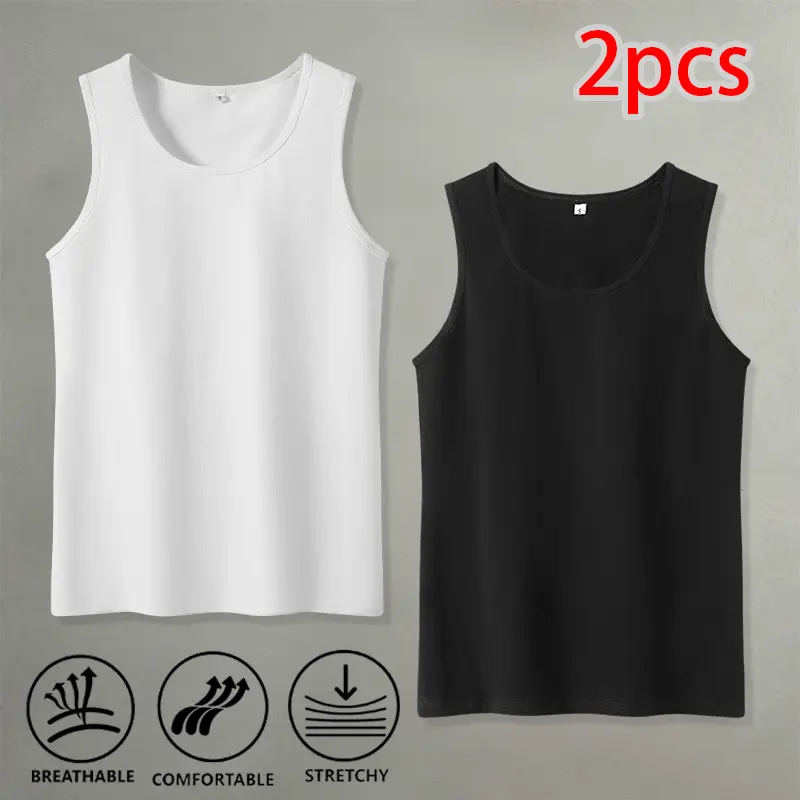 Men's 2-Pack Crew Neck Ribbed Fabric High-Stretch Sleeveless Tank Top Set - Breathable, Sweat-Wicking, Slim Fit Base Layer for Morning Runs, Sleeping, Layering