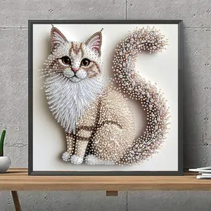 5D Diamond Painting Kit, Fluffy Cat Theme, Handmade, 2D Flat Print, Irregular Diamonds, Canvas Material, Acrylic Paints, Home Decor