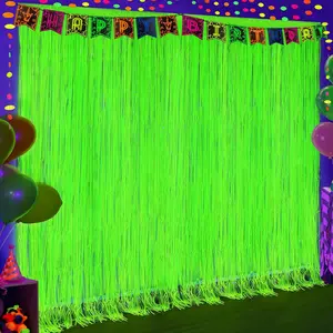 2 Pack Glow in The Dark Party Curtains Neon Party Decorations 6.6 x 6.6 ft Fluorescent Macaron Yellow Tinsel Foil Fringe Curtains Photo Booth Prop Backdrop Streamers Birthday Halloween Party Decor
