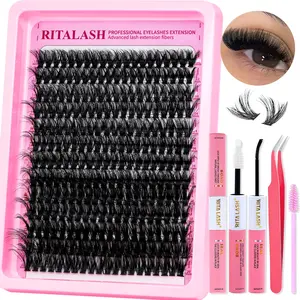 RITALASH 260PCS Clusters Kit 60D Lash Clusters Kit 12-20mm Volume Eyelash Clusters D Curly Cluster Eyelash Extensions 3D Thick DIY Lashes Cluster DIY with Bond and Seal Tweezers and Brush