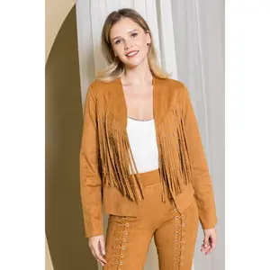 Studded Fringe Long-Sleeve Suede Jacket