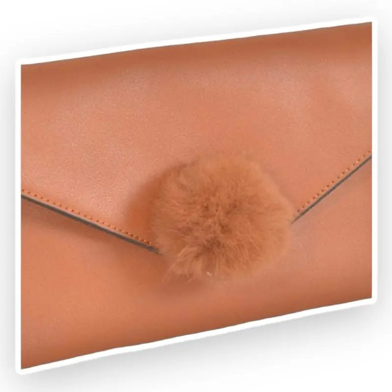 Faux Fur Ball Envelope Inspired Clutch - Caramel, Stylish Accessory with Pom Pom Detail