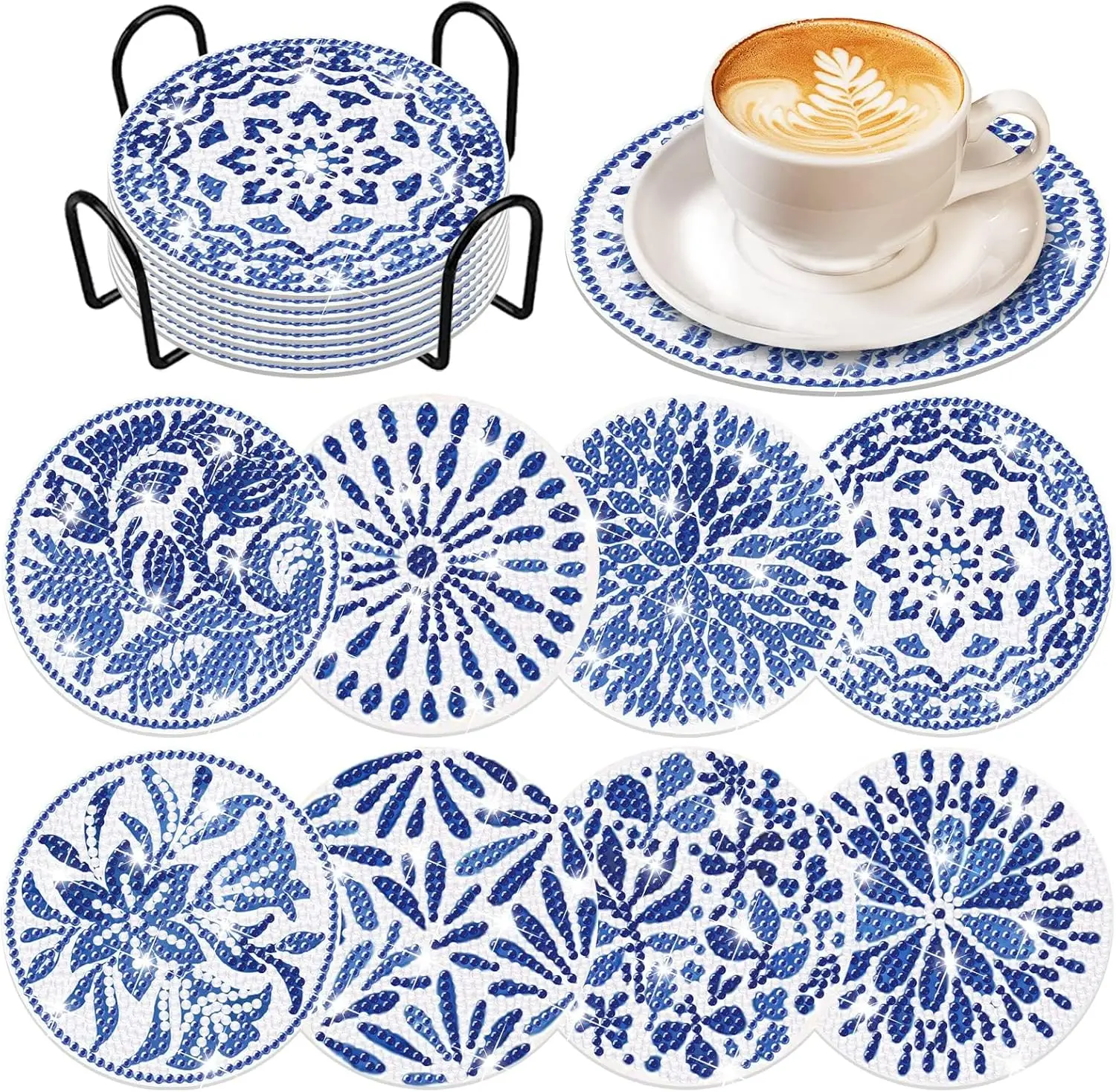 8PCS Diamond Art Coasters Blue Watercolor Diamond Art Coasters Kits with Holder, Indigo Blue DIY Diamond Art Coasters, Diamond Art Kits for Beginners Diamond Art Crafts Supplies
