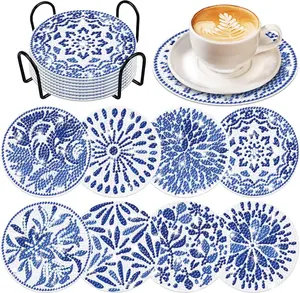 8PCS Diamond Art Coasters Blue Watercolor Diamond Art Coasters Kits with Holder, Indigo Blue DIY Diamond Art Coasters, Diamond Art Kits for Beginners Diamond Art Crafts Supplies