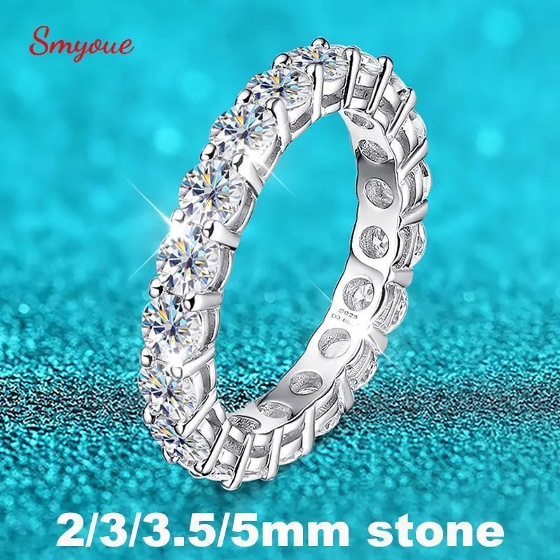 Smyoue 2-5mm Full Moissanite Ring for Women Sparkling Wedding Eternity Bands 100% S925 Sterling Silver Jewelry Classic Ring