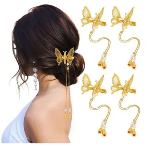 Gold 3D Moving Wings Butterfly Hair Clips with Tassels for Women Girls Bride Wedding Head Pieces Barrette Adjustable Wings Realistic Design 2 Pcs Alloy Material