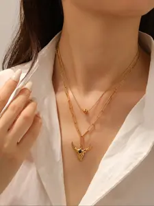 Unisex Stainless Steel Layered Chain Necklace, Sun Bull Head Pendant, Waterproof Sweatproof Fashion Jewelry, Modern Versatile Accessories for Men Women