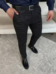Men's Business Formal Suit, Pleated Design & Slanted Pockets, Essential for Office & Business, No Belt Included