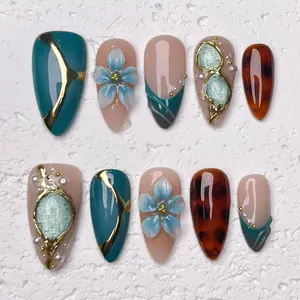 [Cedar] Medium Almond Handmade Press on Nails, Fake Nails with Nail tool kit with Jelly Stickers, Reusable, Durable