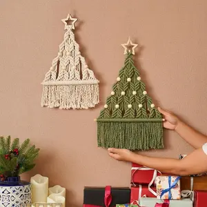 2-Piece Knitted Christmas Tree DIY Craft Kit, made of green and beige polyester. It serves as a festive wall decoration, an ideal gift for family and friends, and a perfect set for winter holiday handmade projects.