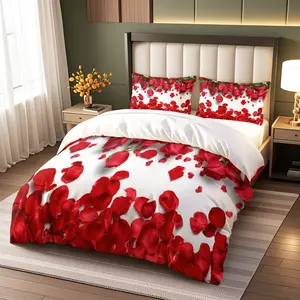 Rose Petal Pattern Bedding Set, Romantic Wedding Style Printed Bed Sheets, Master Bedroom Decoration, 3 Piece Set
