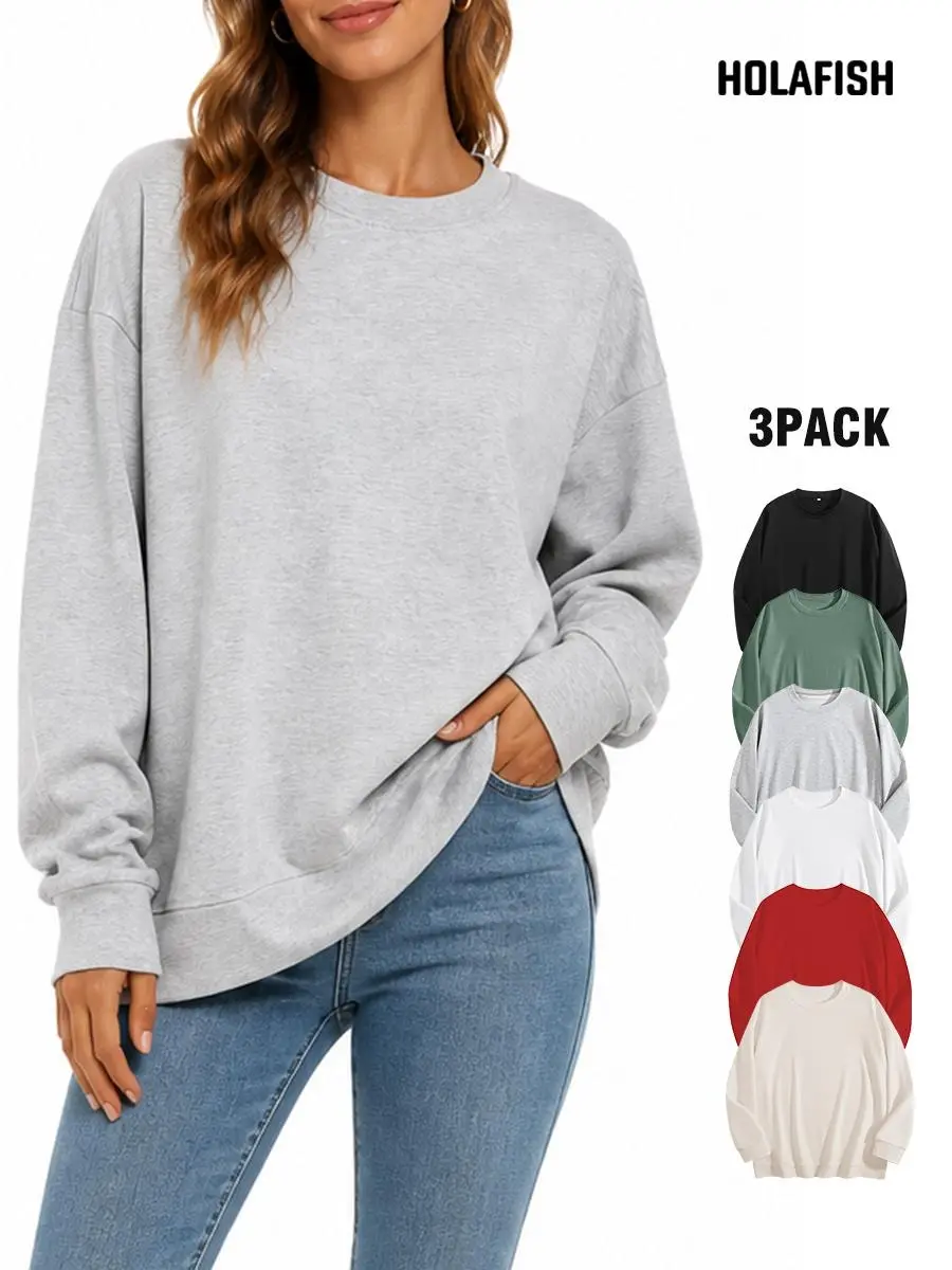 Holafish Women's 3-Pack Crewneck Long Sleeve Tees - Thick, Breathable French Terry Fabric, Comfy Minimalist Solid Top, Casual Loose Fit Fall Layering Pullover