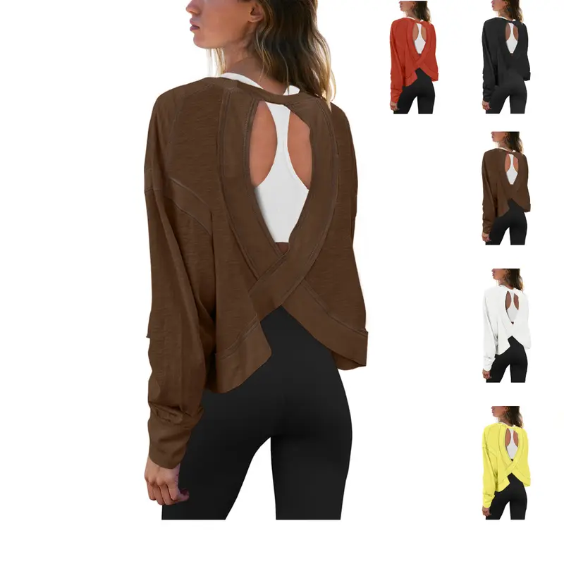 UANEO Womens Open Back Workout Top Long Sleeve Athletic Shirts Casual Crop Running Tee Y2k Yoga