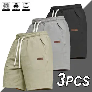 Men's Linen Cotton Casual Shorts 3 Pack, Lightweight Breathable 4 Way Stretch Sweat Wicking Shorts, Quick Dry Athletic Workout Shorts for Men, Summer Lounge Beach Shorts with Pockets