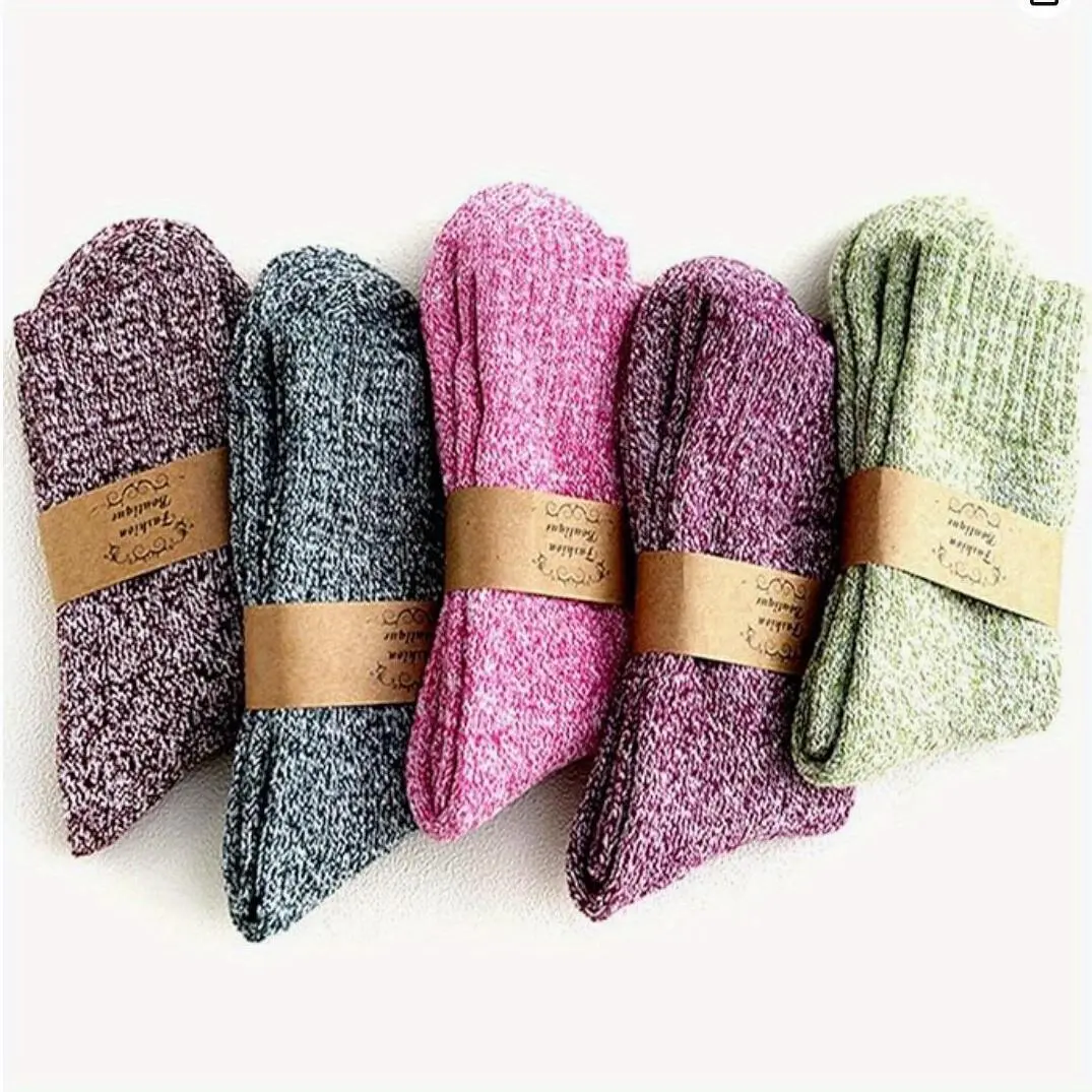 5 Pairs thick knit winter socks for women ethnic style solid color snow pattern design soft breathable sweat proof odor proof ideal for outdoor warmth