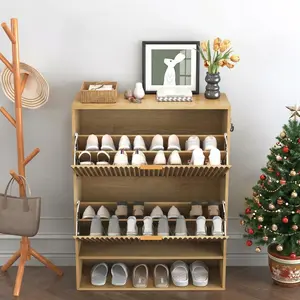 Garvee Slim Fluted Shoe Storage Cabinet – 2 Turn Drawers, Side Hooks, Open Bottom Shelf, Freestanding Modern Organizer, Narrow Space-Saving Shoe Rack for Entryway or Hallway, Natural Wood Color