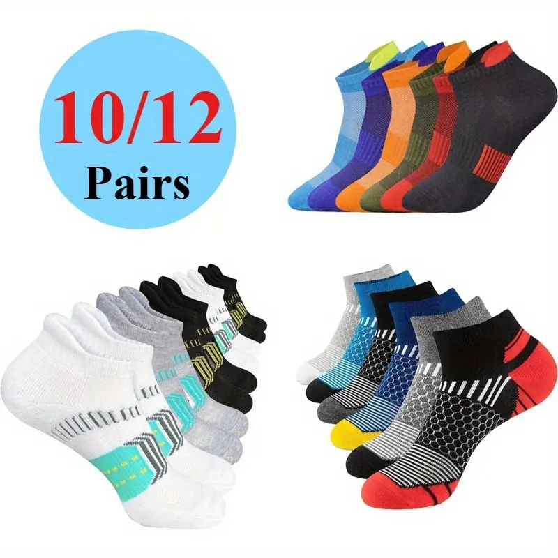 Men's 10-Pair Pre-Packed Cartoon Theme Plain Compression Ankle Socks - Menswear Sportswear Athletic, Breathable, All-Season, Suitable for Outdoor Running Activewear