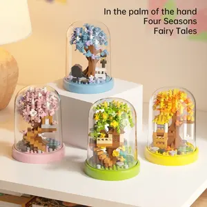 200+pcs Sakura Tree Building Blocks Set, Romantic Four Seasons Mini Landscape with Dust Cover, Creative Assembly Toy Gift for Valentine's Day Birthday