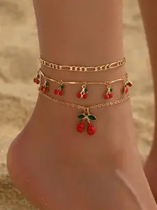 Women's Beaded Layered Anklet Set, Fashionable Minimalist Design, Lightweight Rhinestone Cherry Charm, Versatile Jewelry Accessory
