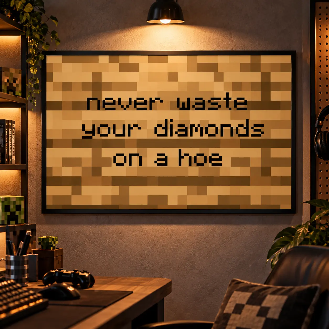 "Never Waste Your Diamonds On A Hoe" Pixel Gaming Canvas Poster, Funny Quote Wall Art Print, Retro Gamer Room Decor, Humorous Gift for Gamer Spaces #124