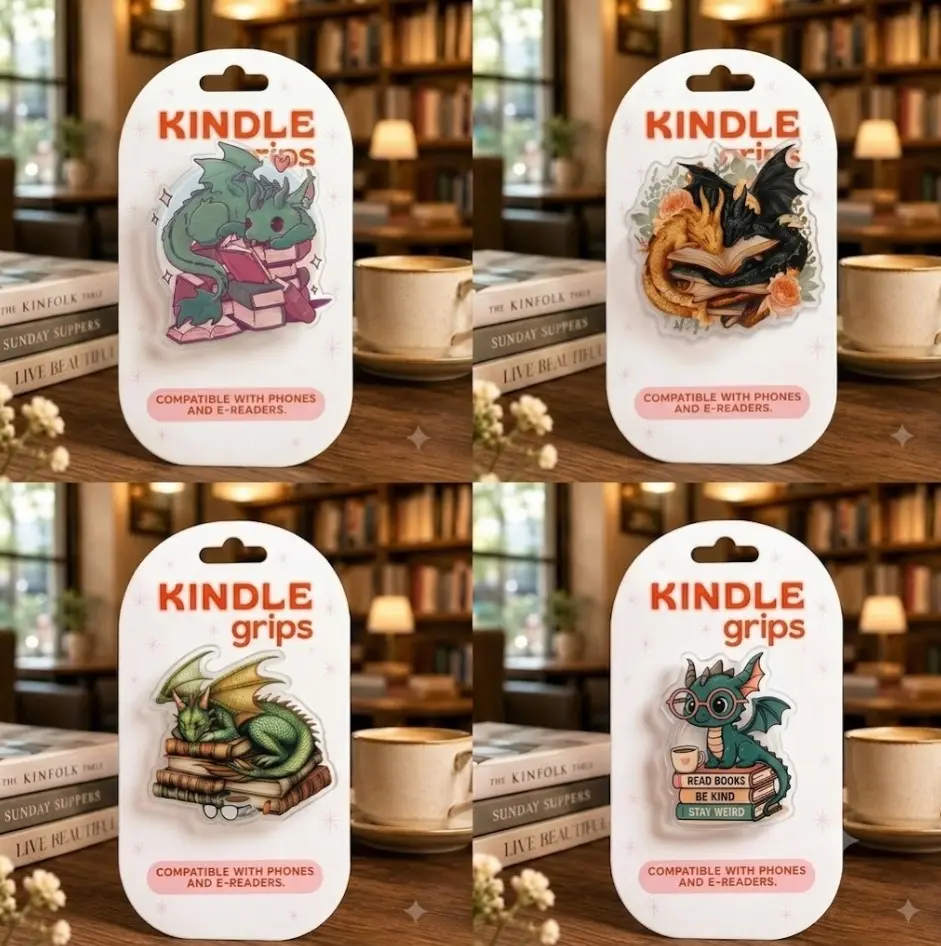 Bookish Dragon Phone Grip, Reading Dragon Kindle Grip, Dragon Reading Quote Kindle Grip, Fantasy Book Lover Gift, Reader Holder Grip