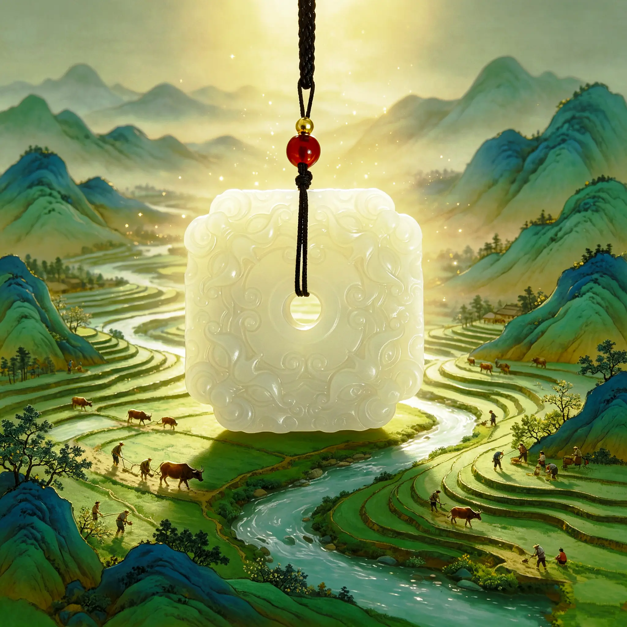 Oriental Square Embossed Pattern White Jade Pendant