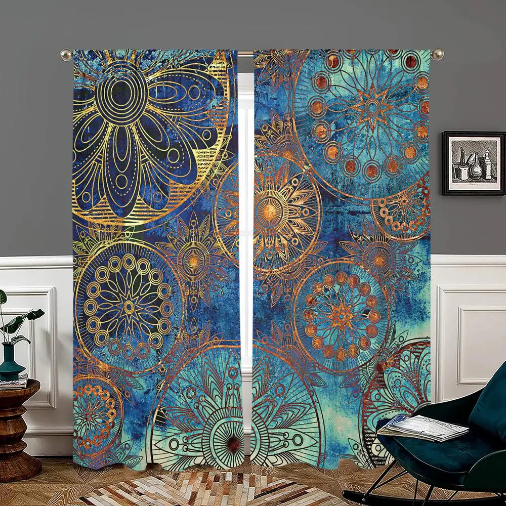 Boho Style Mandala Pattern Door Curtain, 2 Counts/set Retro Style Door Curtain, Home Decorative Curtain, Curtain Panels for Living Room Bedroom Kitchen Bathroom