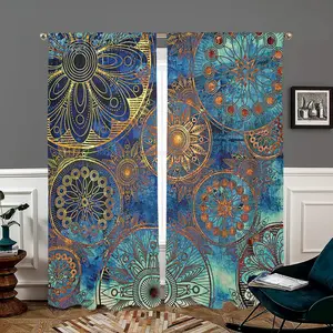 Boho Style Mandala Pattern Door Curtain, 2 Counts/set Retro Style Door Curtain, Home Decorative Curtain for Living Room Bedroom Kitchen Bathroom