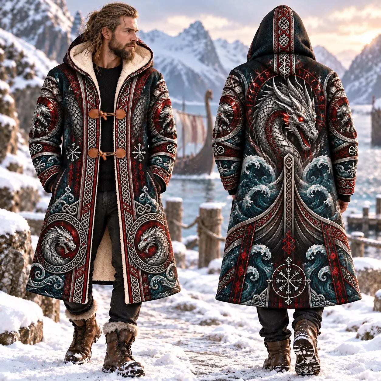 Personalized Viking Dragon Hooded Coat for Men, Norse Sea Serpent Jacket, Nordic Ocean Warrior Outerwear, Gothic Dragon Fantasy Gift for Him