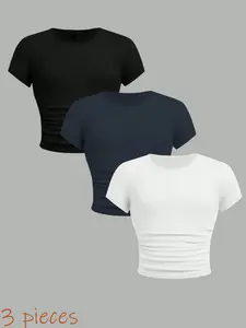 Girls' Slim-Fit Casual Round Neck Top Set, Soft Comfortable Breathable, Versatile Style, Perfect for Daily Party Vacation, Crew Neck Tee