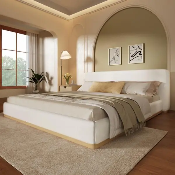 Bellemave Elegant Upholstered Bed with Solid Wood Frame Queen Size White Textile Headboard Mdf Construction Soft Coziness Lifetime Use