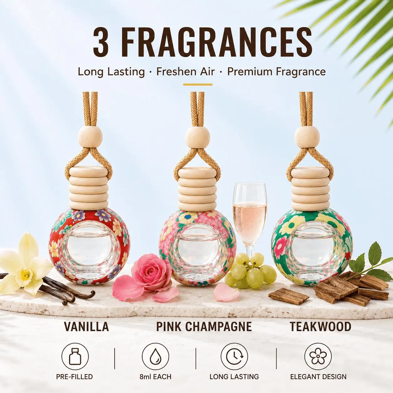 3Pcs Luxury Hanging Car Scent Diffuser Set (8ml x 3), Natural Wood Aromatherapy Freshener for Rearview Mirror, Cute Aesthetic Auto Interior Accessories