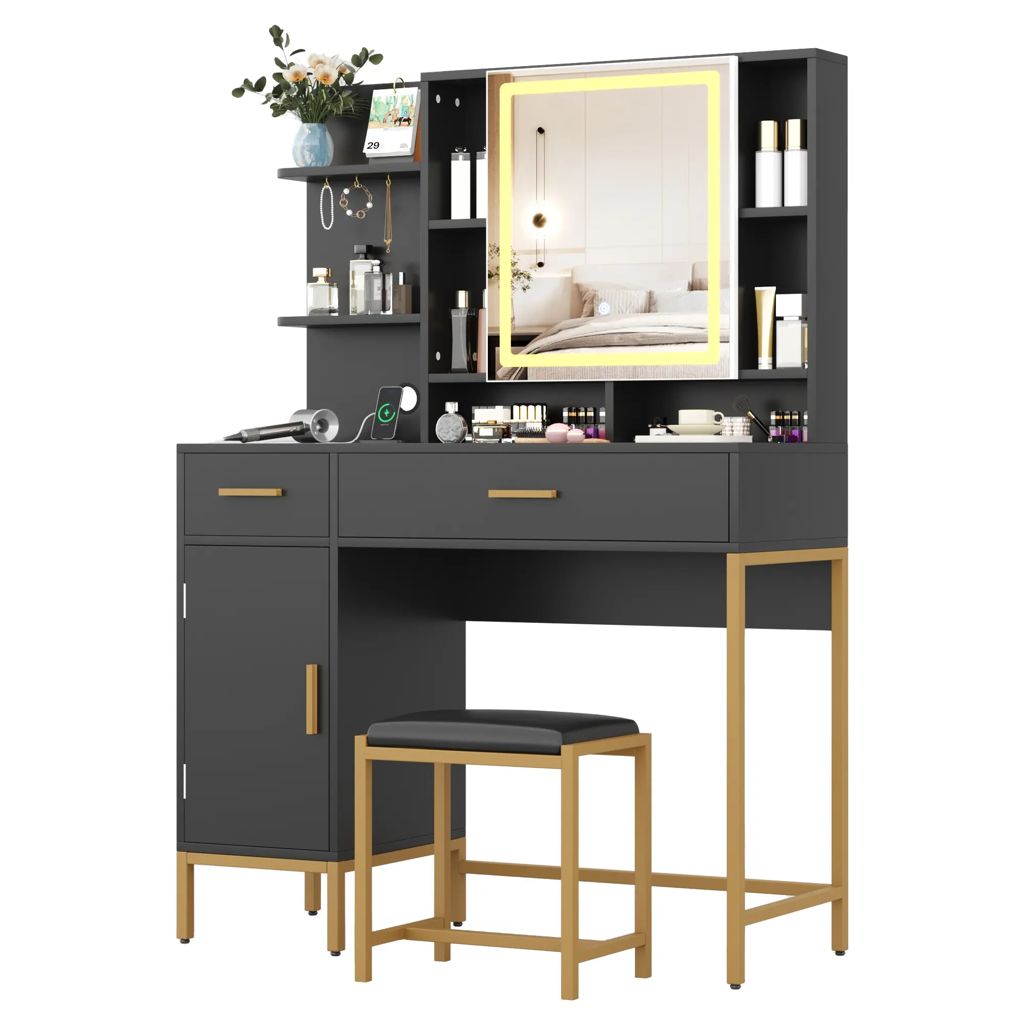 Gaomon Modern Makeup Vanity Desk - Makeup Dresser with LED Backlight Mirror, Built-In Charging Station, Color-Adjustable, Multi-Mode, Drawer-Equipped Vanity, Color-Adjustable Makeup Vanities