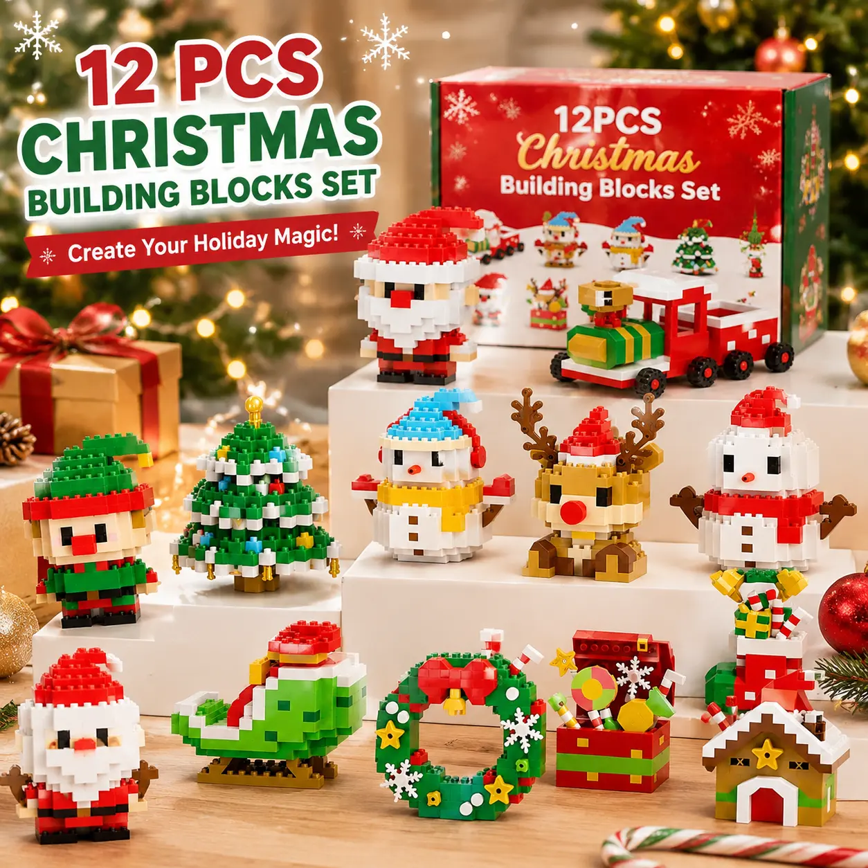 Christmas Mini Building Blocks, Fun DIY Christmas Mini Building Blocks Kit with 12PCS Holiday Characters, Easy Assembly Collectible Display Toy for Kids 8+ Christmas Gift Home Decoration