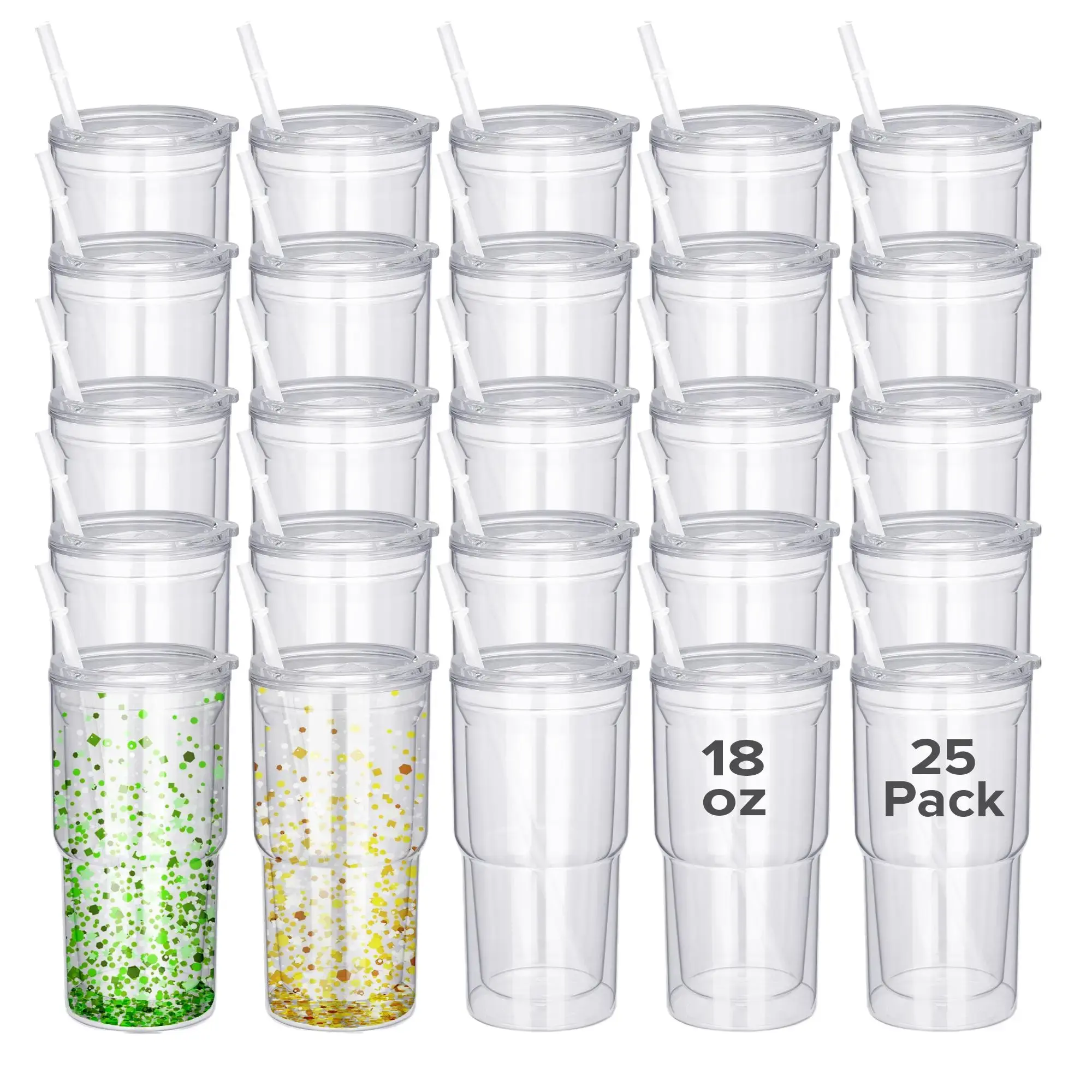 FASTSUB 25-Pack 18oz Double Wall Acrylic Snow Globe Tumbler Cup with Lid - BPA and Lead Free, Lightweight Reusable Sublimation Bottle Bulk, UV DTF DIY Project Kitchenware Drinkware with Snowglobe Swirl Glitter, Holiday Gifts, Tapered Shape