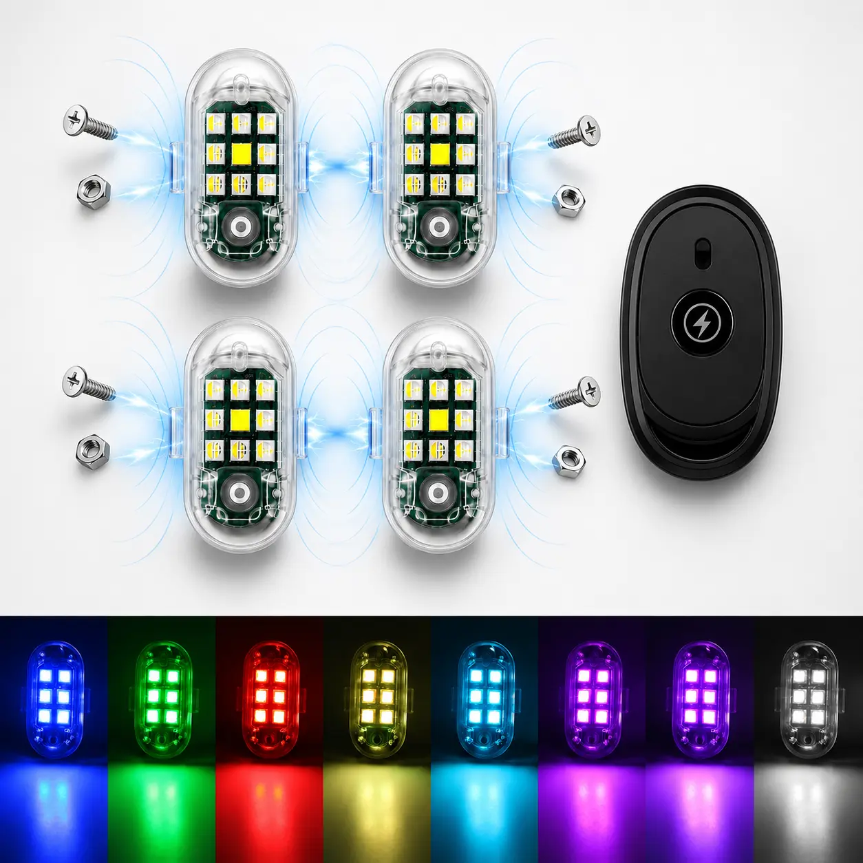 Wireless LED Lights for Car with Remote, High Brightness Wireless Strobe Light, RGB LED Aircraft Strobe Lights for Cars, Motorcycle, Drone, Truck, Bike, USB Charge